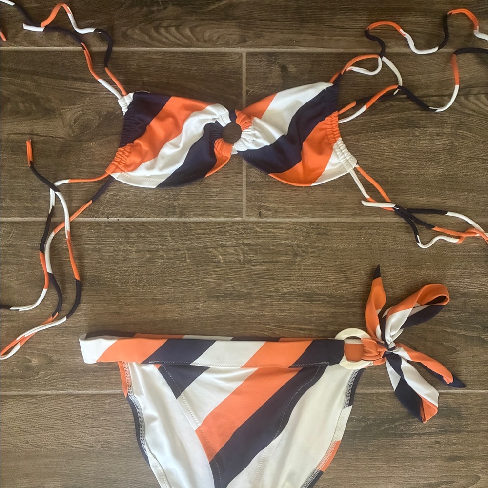 Like new Victoria Secrets Striped Orange Navy White Tie-Side Bikini Set - size s
